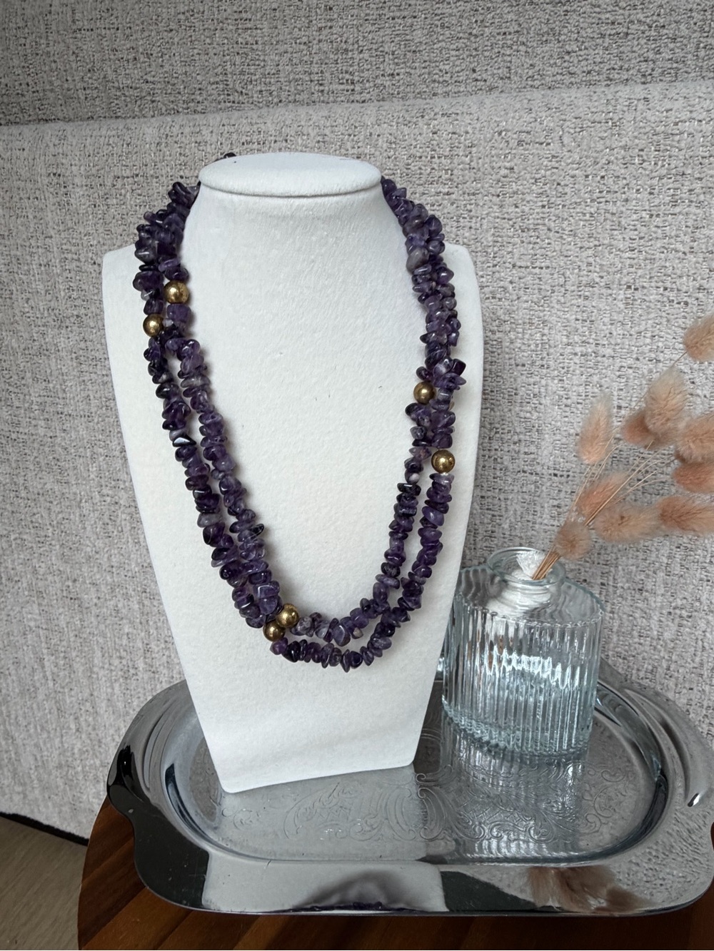 Purple Amethyst Chip Necklace with Gold Accent Beads